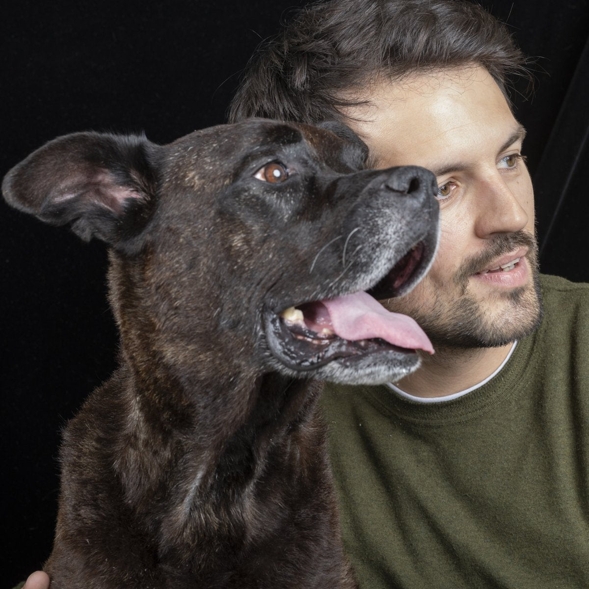 A brindle dog with its tongue out beside its owner, a smiling man in a green sweater.